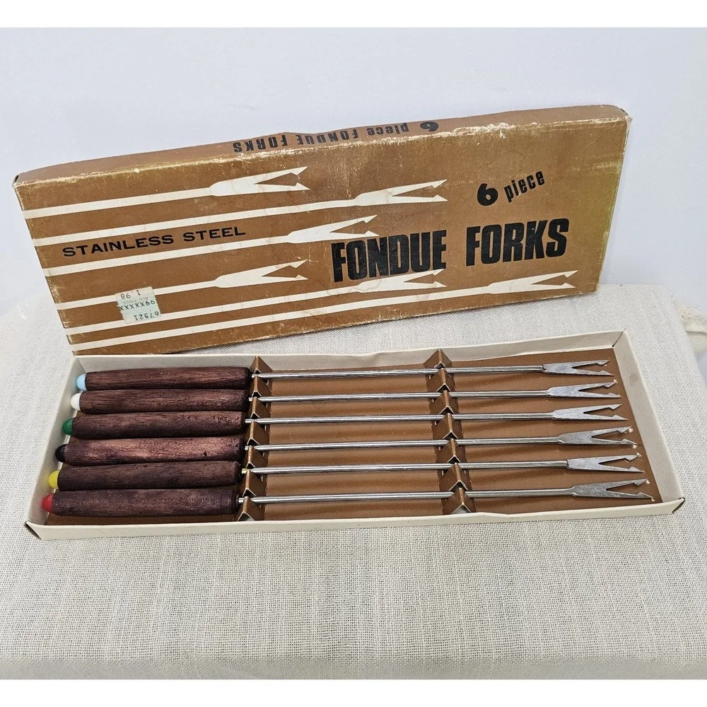 Vintage Fondue Stainless Steel 6 Piece Wooden Handle Set 10.5